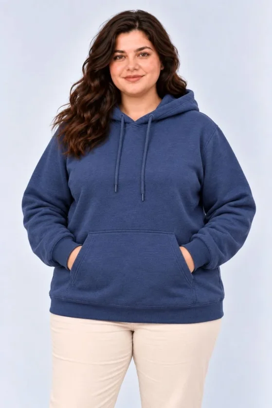 Battal Büyük Beden Üç İplik İçi Şardonlu Kapüşonlu Kanguru Cepli Kışlık Sweatshirt - Lacivert - Görsel 2