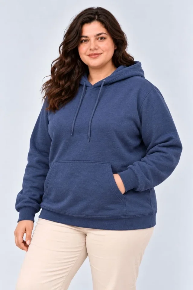 Battal Büyük Beden Üç İplik İçi Şardonlu Kapüşonlu Kanguru Cepli Kışlık Sweatshirt - Lacivert - Görsel 3