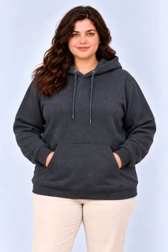 Battal Büyük Beden Üç İplik İçi Şardonlu Kapüşonlu Kanguru Cepli Kışlık Sweatshirt - Füme - Görsel 2