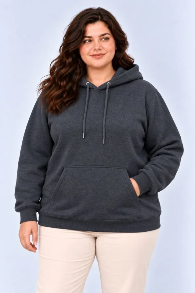 Battal Büyük Beden Üç İplik İçi Şardonlu Kapüşonlu Kanguru Cepli Kışlık Sweatshirt - Füme - Görsel 3