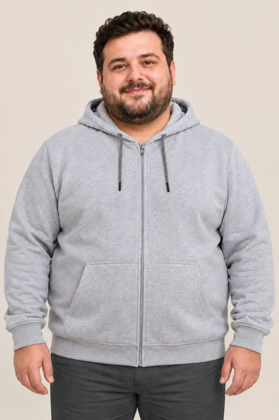 Erkek Battal Büyük Beden Üç İplik İçi Şardonlu Kapüşonlu Tam Fermuarlı Kışlık Sweatshirt - Gri - Görsel 2