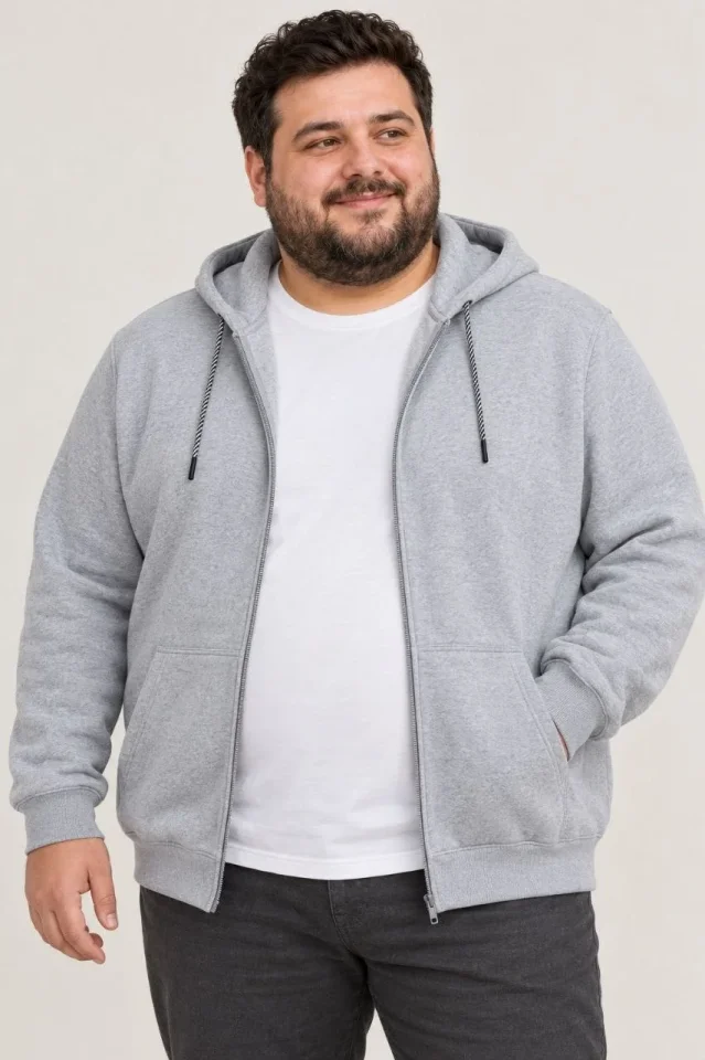 Erkek Battal Büyük Beden Üç İplik İçi Şardonlu Kapüşonlu Tam Fermuarlı Kışlık Sweatshirt - Gri - Görsel 3
