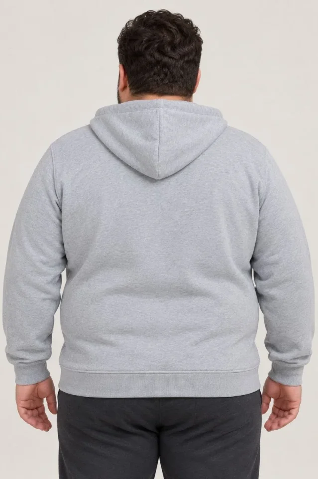 Erkek Battal Büyük Beden Üç İplik İçi Şardonlu Kapüşonlu Tam Fermuarlı Kışlık Sweatshirt - Gri - Görsel 4