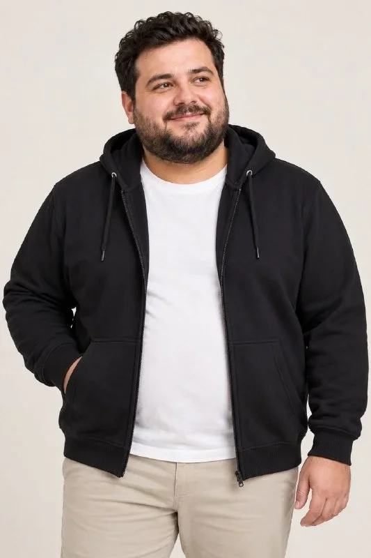 Erkek Battal Büyük Beden Üç İplik İçi Şardonlu Kapüşonlu Tam Fermuarlı Kışlık Sweatshirt - Siyah - Görsel 2
