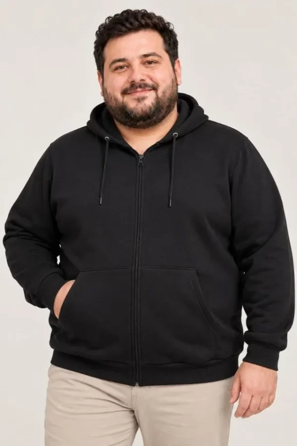 Erkek Battal Büyük Beden Üç İplik İçi Şardonlu Kapüşonlu Tam Fermuarlı Kışlık Sweatshirt - Siyah