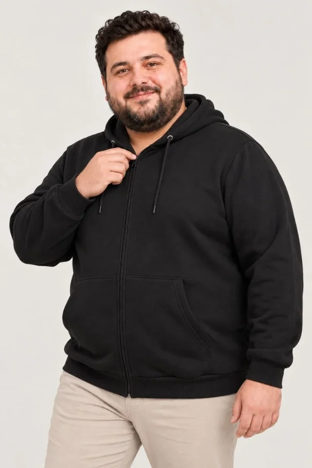 Erkek Battal Büyük Beden Üç İplik İçi Şardonlu Kapüşonlu Tam Fermuarlı Kışlık Sweatshirt - Siyah - Görsel 3