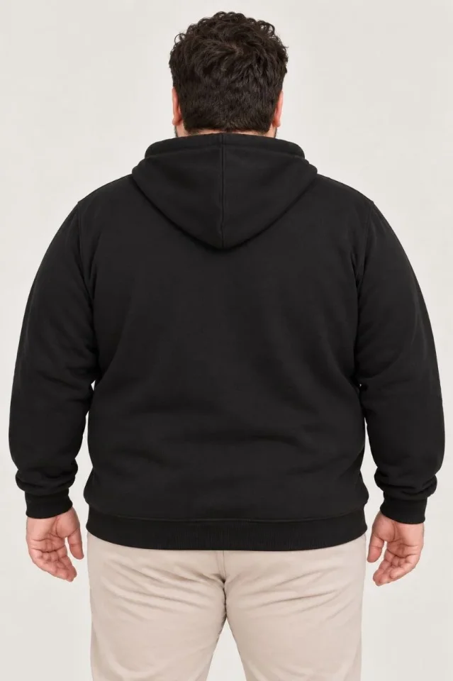 Erkek Battal Büyük Beden Üç İplik İçi Şardonlu Kapüşonlu Tam Fermuarlı Kışlık Sweatshirt - Siyah - Görsel 4