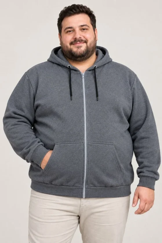 Erkek Battal Büyük Beden Üç İplik İçi Şardonlu Kapüşonlu Tam Fermuarlı Kışlık Sweatshirt - Füme - Görsel 2