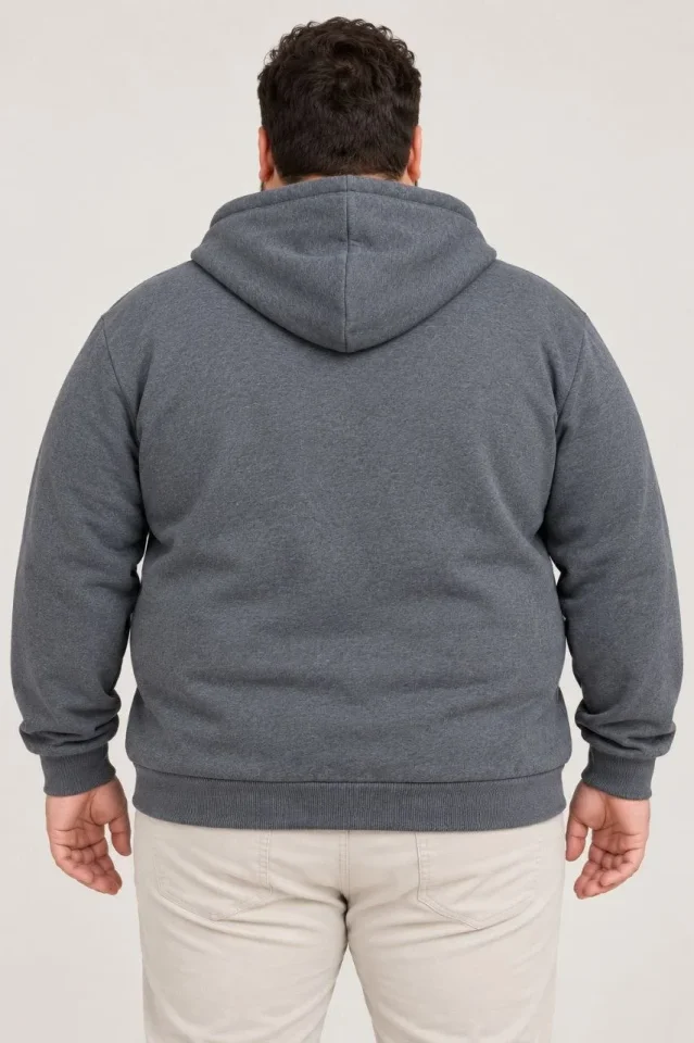 Erkek Battal Büyük Beden Üç İplik İçi Şardonlu Kapüşonlu Tam Fermuarlı Kışlık Sweatshirt - Füme - Görsel 3