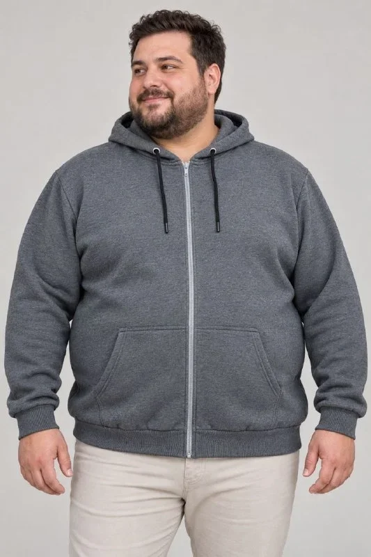 Erkek Battal Büyük Beden Üç İplik İçi Şardonlu Kapüşonlu Tam Fermuarlı Kışlık Sweatshirt - Füme - Görsel 4
