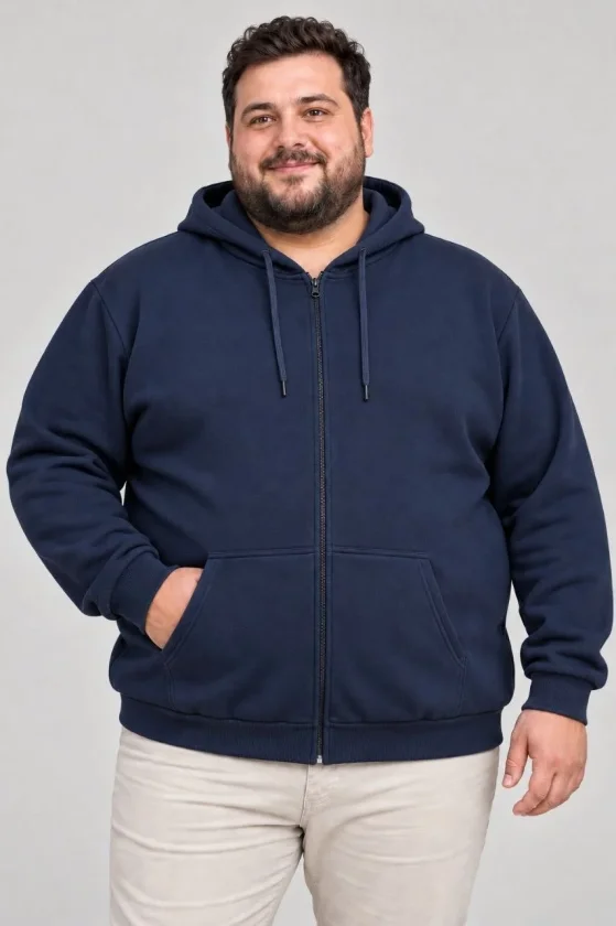 Erkek Battal Büyük Beden Üç İplik İçi Şardonlu Kapüşonlu Tam Fermuarlı Kışlık Sweatshirt - Lacivert - Görsel 2