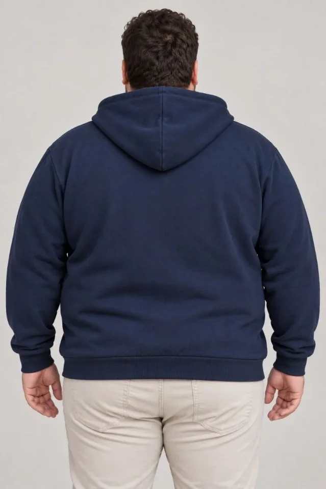 Erkek Battal Büyük Beden Üç İplik İçi Şardonlu Kapüşonlu Tam Fermuarlı Kışlık Sweatshirt - Lacivert - Görsel 3