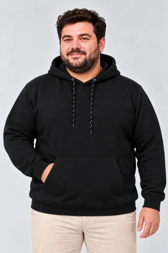 Erkek Battal Büyük Beden Üç İplik İçi Şardonlu Kapüşonlu Kanguru Cepli Kışlık Sweatshirt - Siyah - Görsel 2