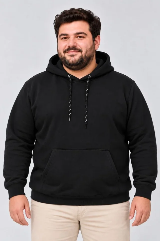 Erkek Battal Büyük Beden Üç İplik İçi Şardonlu Kapüşonlu Kanguru Cepli Kışlık Sweatshirt - Siyah - Görsel 3