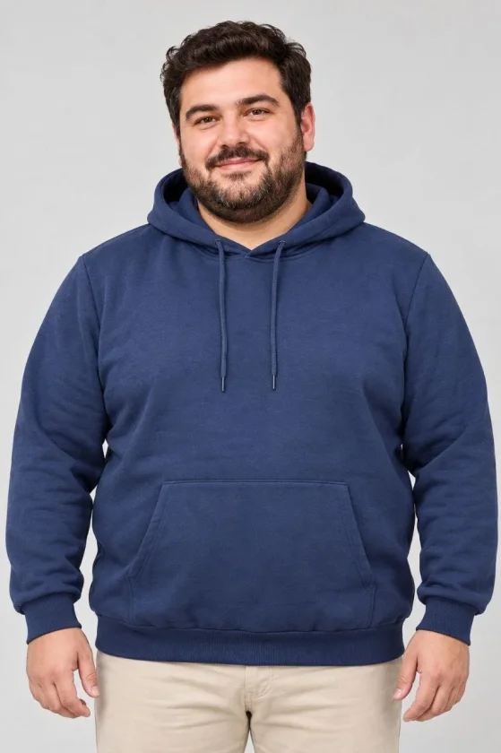 Erkek Battal Büyük Beden Üç İplik İçi Şardonlu Kapüşonlu Kanguru Cepli Kışlık Sweatshirt - Lacivert - Görsel 2