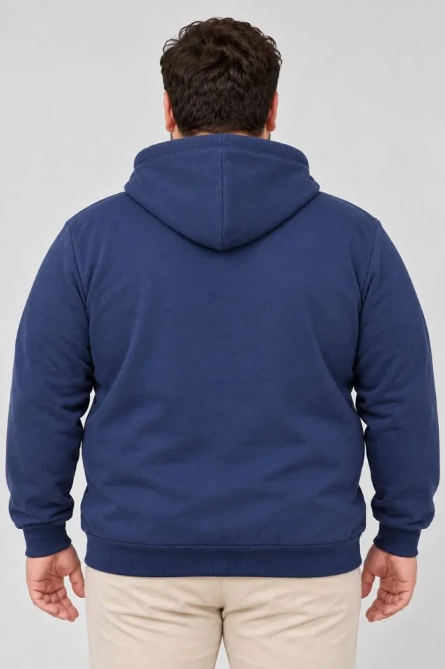 Erkek Battal Büyük Beden Üç İplik İçi Şardonlu Kapüşonlu Kanguru Cepli Kışlık Sweatshirt - Lacivert - Görsel 3