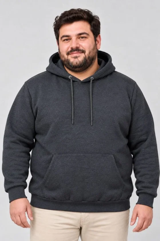 Erkek Battal Büyük Beden Üç İplik İçi Şardonlu Kapüşonlu Kanguru Cepli Kışlık Sweatshirt - Füme - Görsel 2