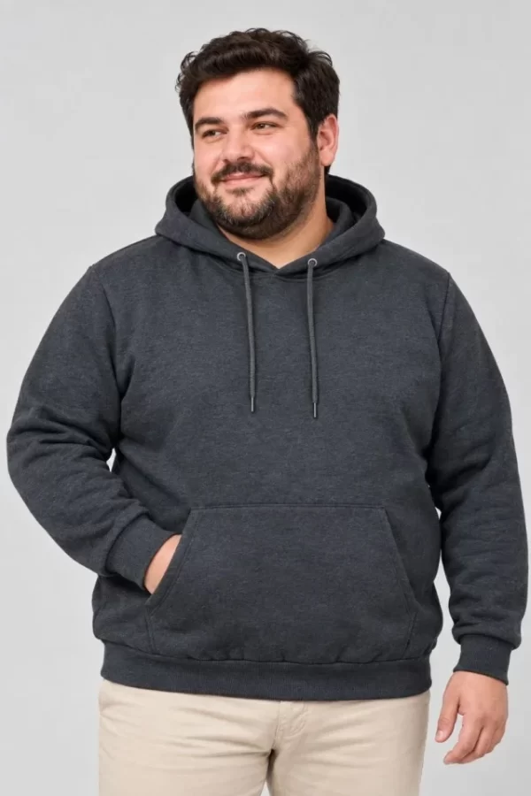 Erkek Battal Büyük Beden Üç İplik İçi Şardonlu Kapüşonlu Kanguru Cepli Kışlık Sweatshirt - Füme
