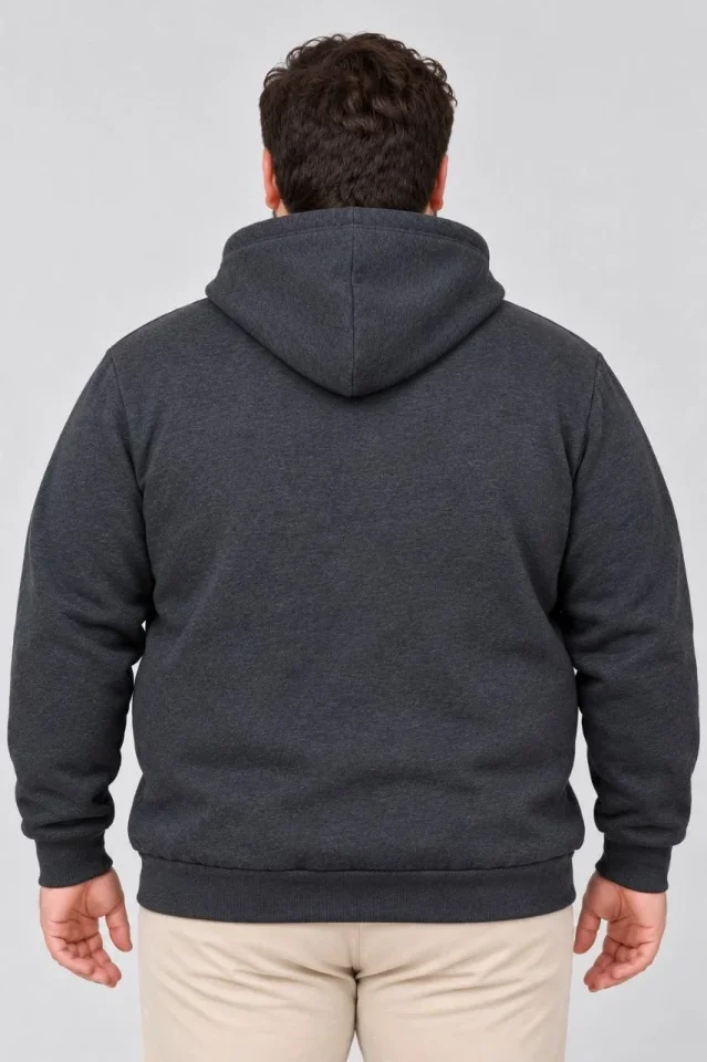 Erkek Battal Büyük Beden Üç İplik İçi Şardonlu Kapüşonlu Kanguru Cepli Kışlık Sweatshirt - Füme - Görsel 3