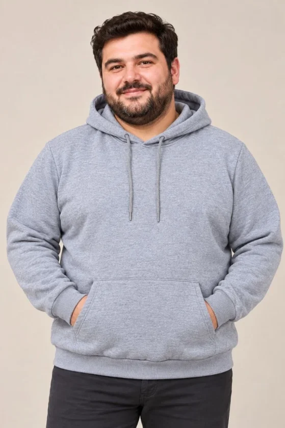 Erkek Battal Büyük Beden Üç İplik İçi Şardonlu Kapüşonlu Kanguru Cepli Kışlık Sweatshirt - Gri - Görsel 2