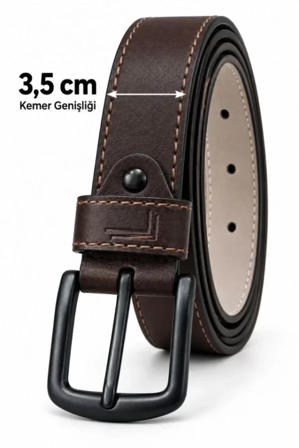 Erkek Kahverengi 3,5 Cm Dikiş Detaylı Metal Tokalı Kot Ve Kumaş Pantolon Kemeri