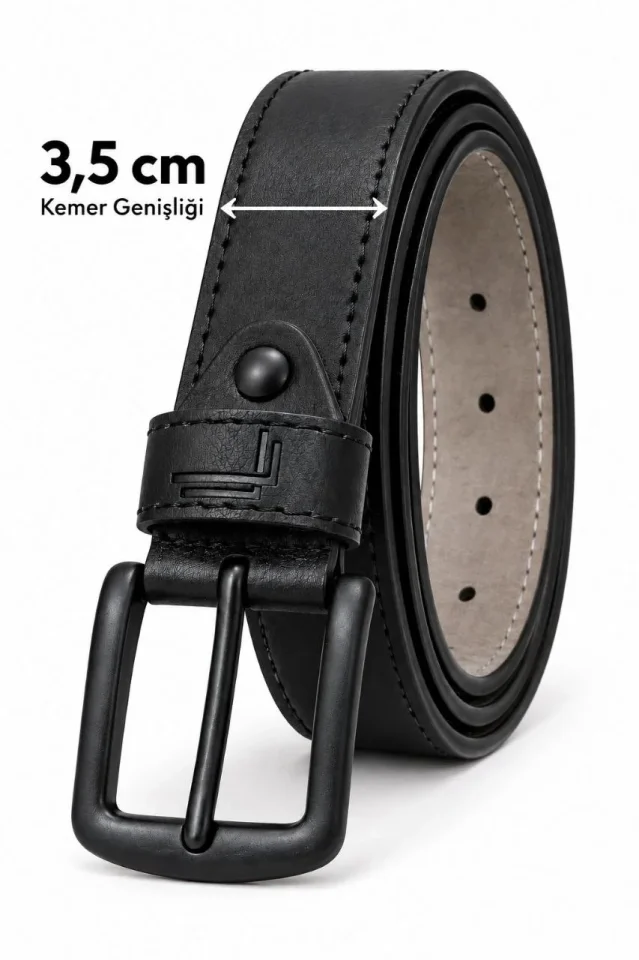 Erkek Siyah 3,5 Cm Dikiş Detaylı Metal Tokalı Kot Ve Kumaş Pantolon Kemeri - Görsel 4