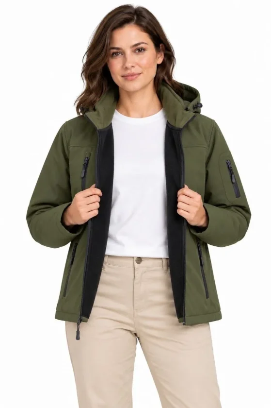 Su Geçirmez Softshell İçi Polar Astarlı Çıkarılabilir Kapüşonlu 4 Cepli Mont Ceket - Haki - Görsel 2