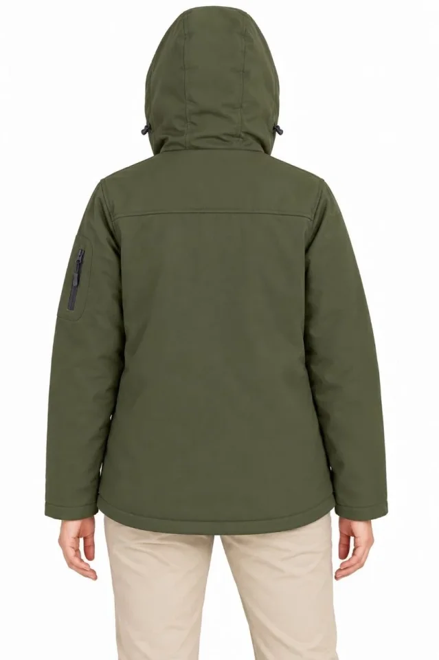 Su Geçirmez Softshell İçi Polar Astarlı Çıkarılabilir Kapüşonlu 4 Cepli Mont Ceket - Haki - Görsel 3