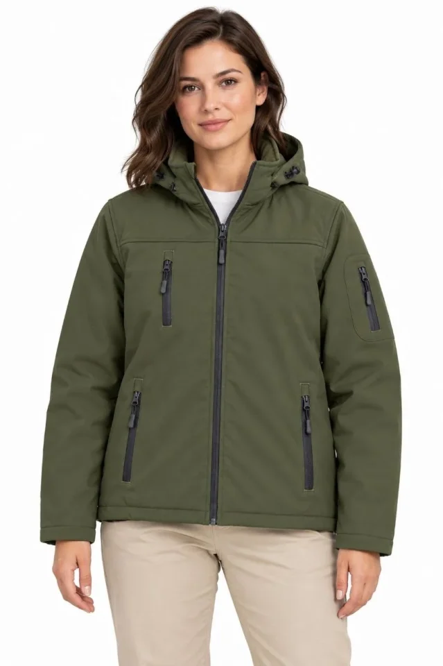 Su Geçirmez Softshell İçi Polar Astarlı Çıkarılabilir Kapüşonlu 4 Cepli Mont Ceket - Haki - Görsel 4