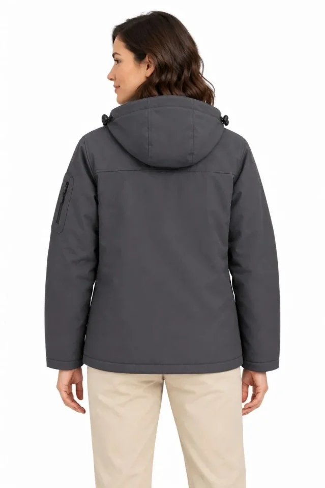 Su Geçirmez Softshell İçi Polar Astarlı Çıkarılabilir Kapüşonlu 4 Cepli Mont Ceket - Füme