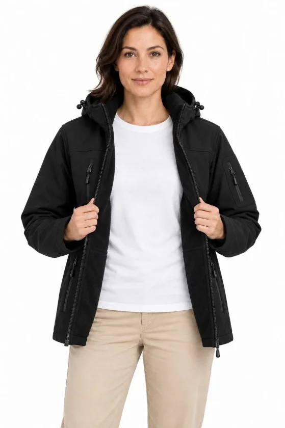Su Geçirmez Softshell İçi Polar Astarlı Çıkarılabilir Kapüşonlu 4 Cepli Mont Ceket - Siyah - Görsel 2