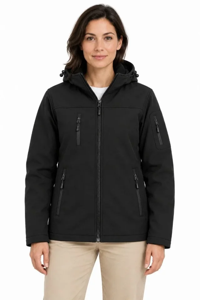 Su Geçirmez Softshell İçi Polar Astarlı Çıkarılabilir Kapüşonlu 4 Cepli Mont Ceket - Siyah - Görsel 3