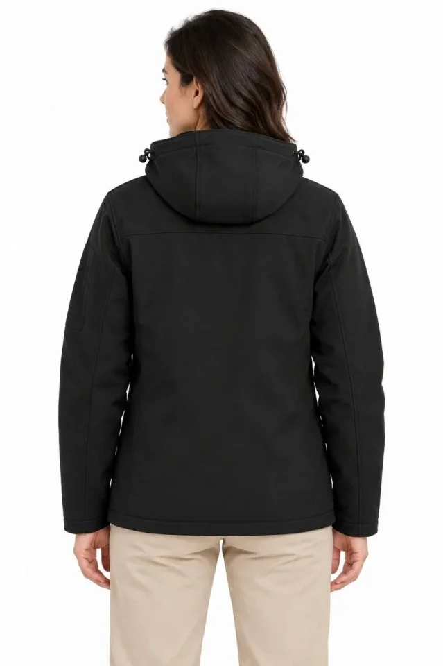 Su Geçirmez Softshell İçi Polar Astarlı Çıkarılabilir Kapüşonlu 4 Cepli Mont Ceket - Siyah - Görsel 4