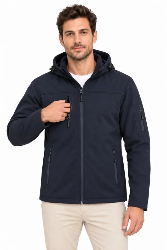 Erkek Su Geçirmez Softshell İçi Polar Astarlı Çıkarılabilir Kapüşonlu 4 Cepli Mont Ceket - Lacivert - Görsel 3