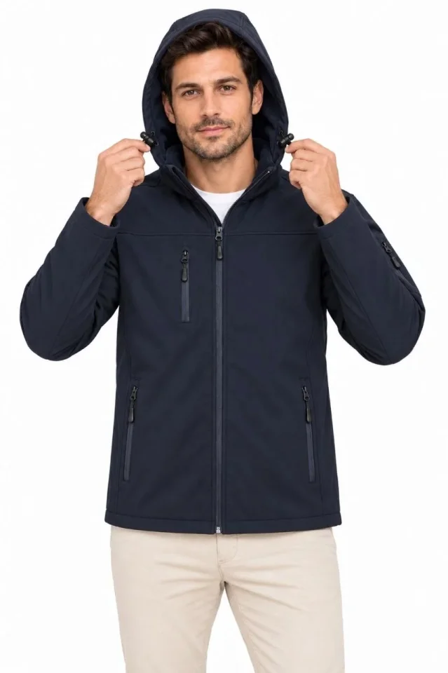 Erkek Su Geçirmez Softshell İçi Polar Astarlı Çıkarılabilir Kapüşonlu 4 Cepli Mont Ceket - Lacivert - Görsel 4