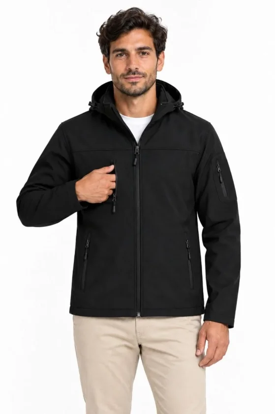 Erkek Su Geçirmez Softshell İçi Polar Astarlı Çıkarılabilir Kapüşonlu 4 Cepli Mont Ceket - Siyah - Görsel 2