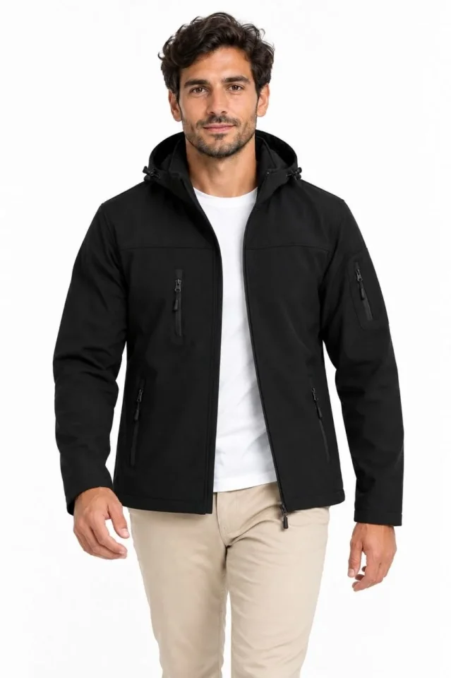 Erkek Su Geçirmez Softshell İçi Polar Astarlı Çıkarılabilir Kapüşonlu 4 Cepli Mont Ceket - Siyah - Görsel 3