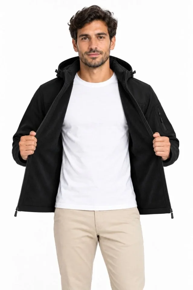Erkek Su Geçirmez Softshell İçi Polar Astarlı Çıkarılabilir Kapüşonlu 4 Cepli Mont Ceket - Siyah - Görsel 4