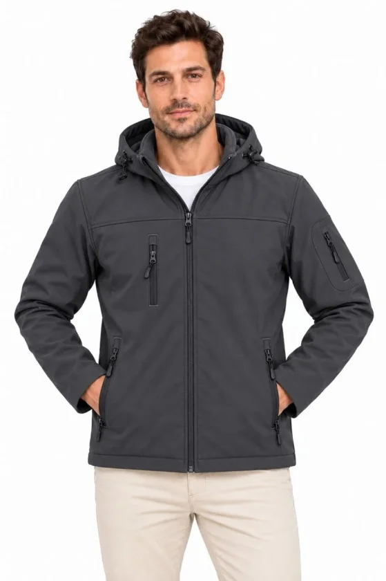 Erkek Su Geçirmez Softshell İçi Polar Astarlı Çıkarılabilir Kapüşonlu 4 Cepli Mont Ceket - Füme - Görsel 2