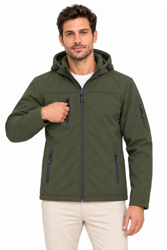 Erkek Su Geçirmez Softshell İçi Polar Astarlı Çıkarılabilir Kapüşonlu 4 Cepli Mont Ceket - Haki - Görsel 2