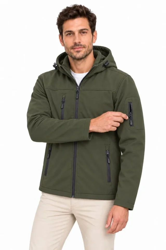 Erkek Su Geçirmez Softshell İçi Polar Astarlı Çıkarılabilir Kapüşonlu 4 Cepli Mont Ceket - Haki - Görsel 3