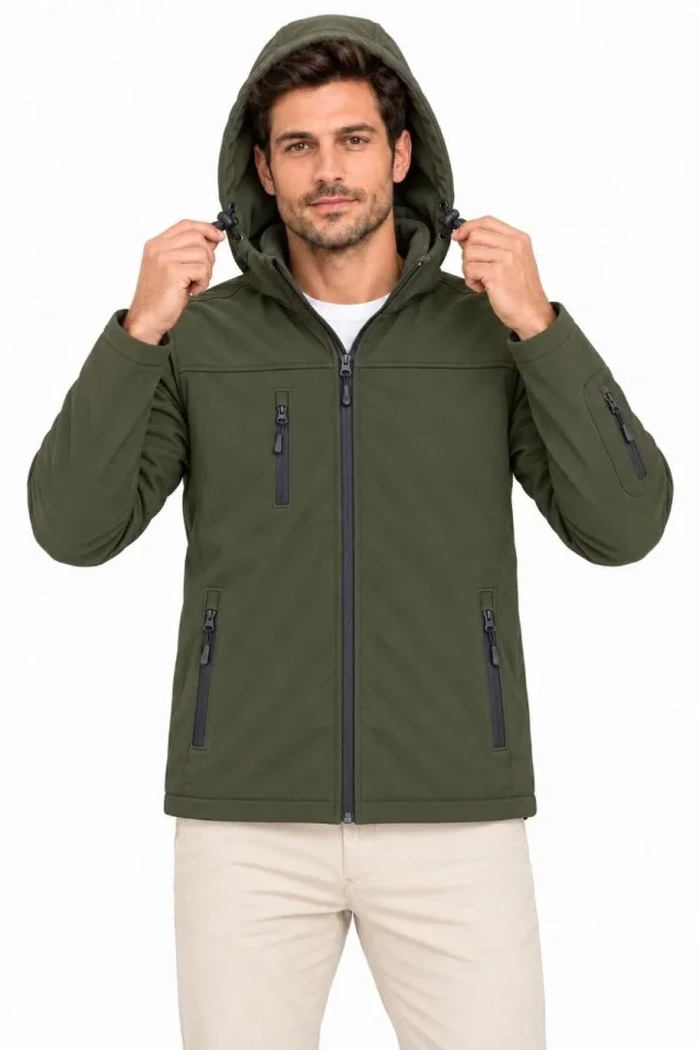 Erkek Su Geçirmez Softshell İçi Polar Astarlı Çıkarılabilir Kapüşonlu 4 Cepli Mont Ceket - Haki - Görsel 4