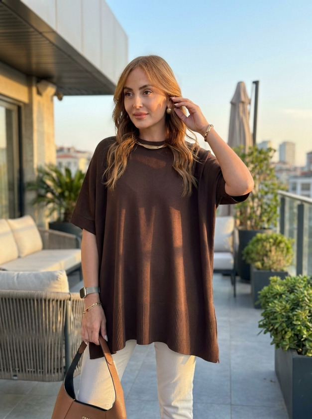 Kadın Bisiklet Yaka Kısa Yarasa Kollu Yanları Yırtmaçlı Oversize Dökümlü Merserize Bluz - Görsel 2
