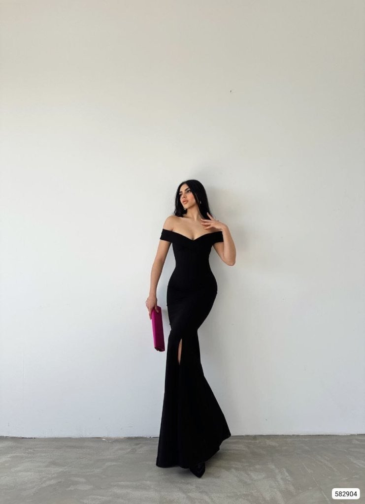 Kadın Madonna Yaka Ithal Krep Maksi Boy Elbise - Görsel 3