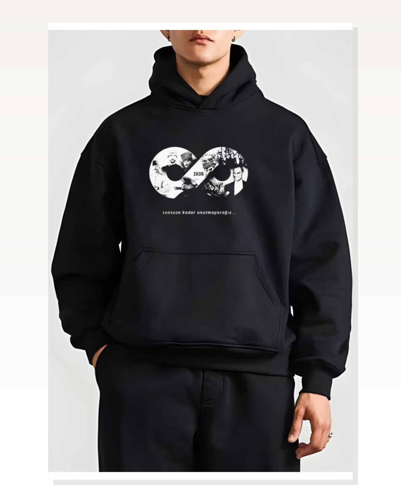 10 Kasıma Özel Üç İplik Kapşonlu Baskılı SweatShirt - Siyah Marketplace blank