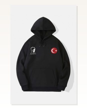 10 Kasıma Özel Üç İplik Kapşonlu Baskılı Sweatshirt Siyah