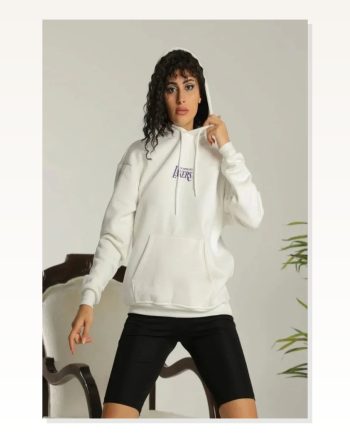 Kadın Sırt Baskılı Günlük Stil Beyaz 24 Ovresize Üç İplik Kapüşonlu Sweatshirt