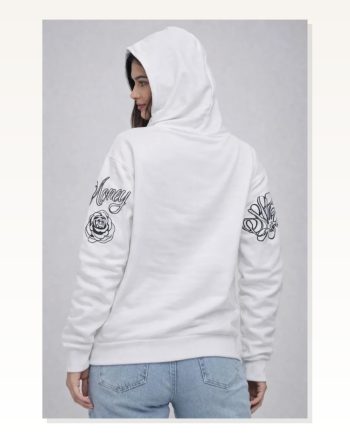 3 İplik Pamuklu Kapüşonlu Baskılı Sweatshirt Hoodie Beyaz