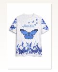 Kadın Baskılı Günlük Stil Beyaz Asit Yıkamalı Mavi Kelebek Dijital Print Bisiklet Yaka Streetwear Tişört