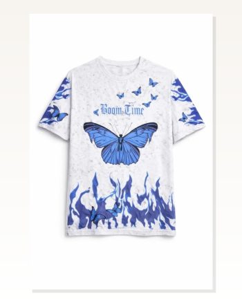 Kadın Baskılı Günlük Stil Beyaz Asit Yıkamalı Mavi Kelebek Dijital Print Bisiklet Yaka Streetwear Tişört